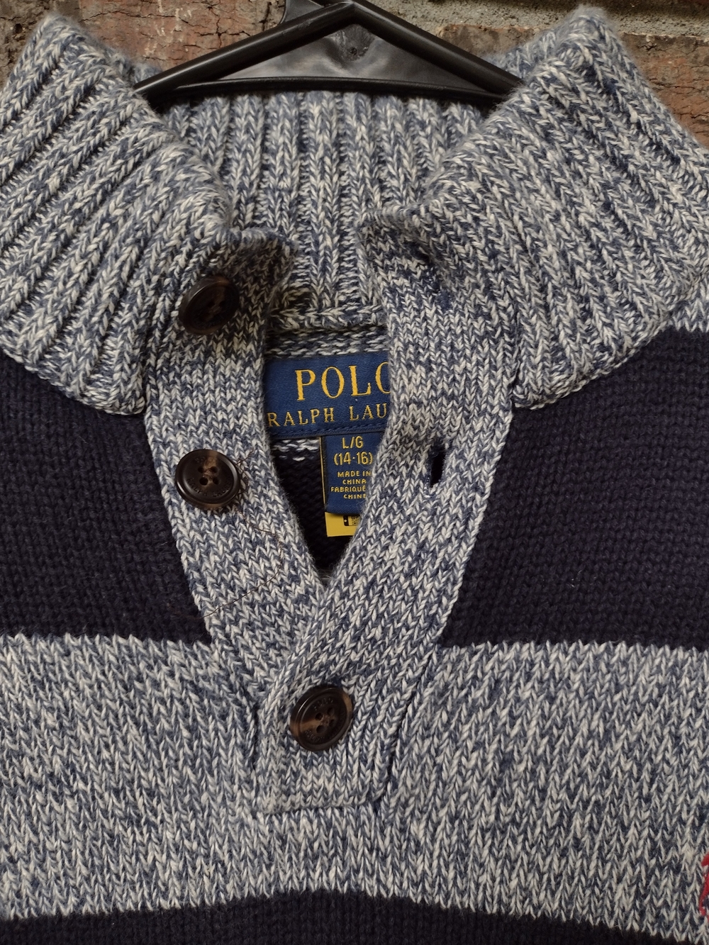Polo Ralph Lauren Sweater Boys L(14-16) Blue Gray Pull Over Striped Red Pony - Picture 3 of 10